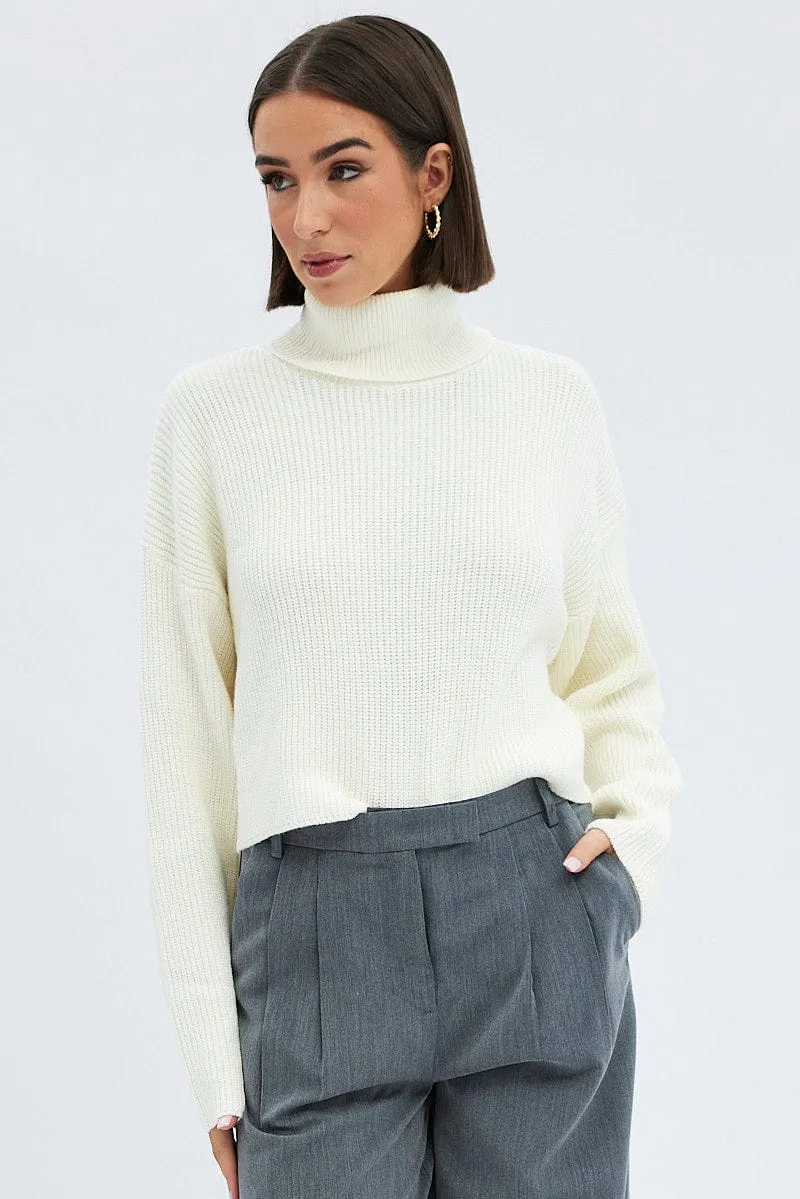 White Knit Jumper Turtle Neck Crop