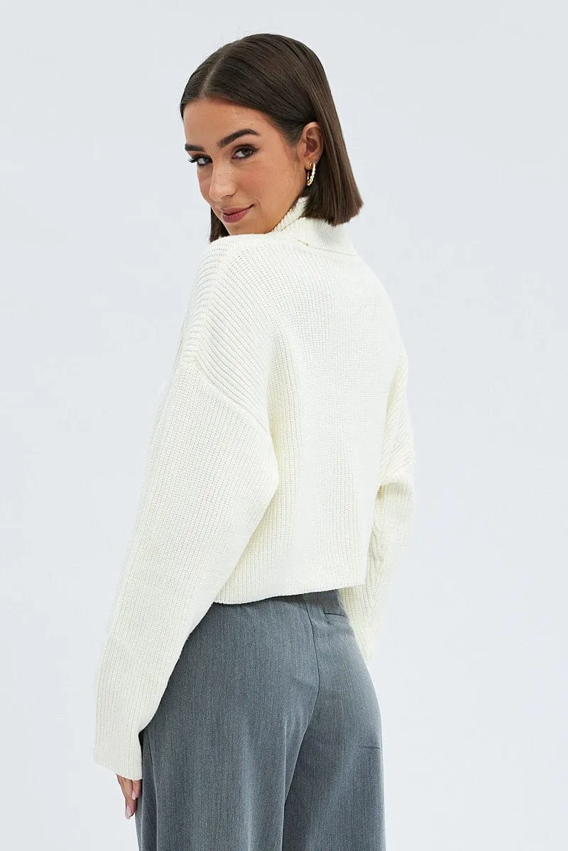 White Knit Jumper Turtle Neck Crop