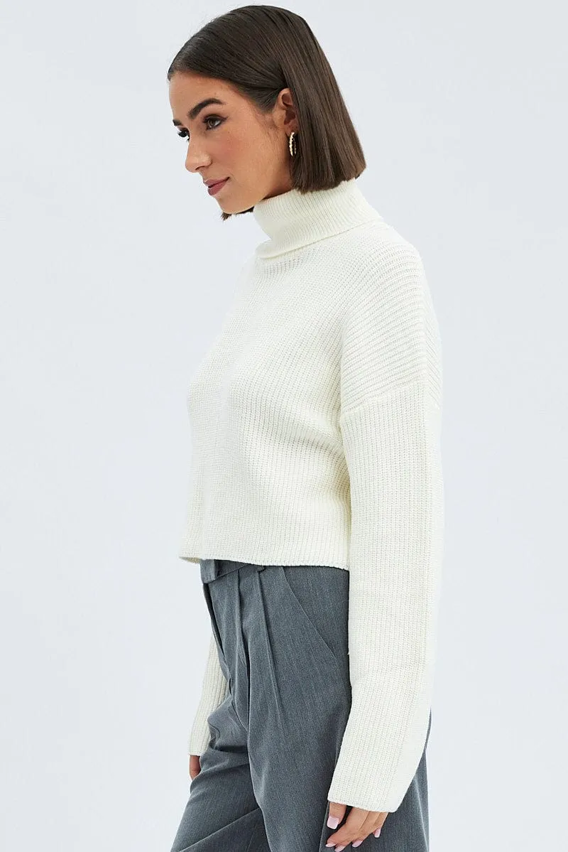 White Knit Jumper Turtle Neck Crop
