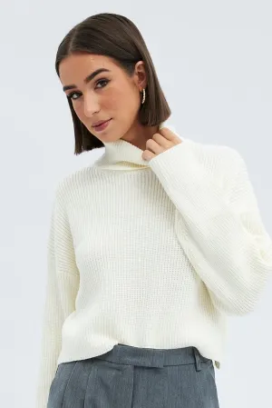 White Knit Jumper Turtle Neck Crop