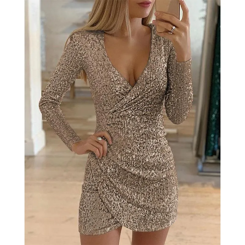 Women party mini sequin v neck fashion wrap dress