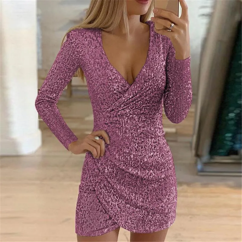 Women party mini sequin v neck fashion wrap dress
