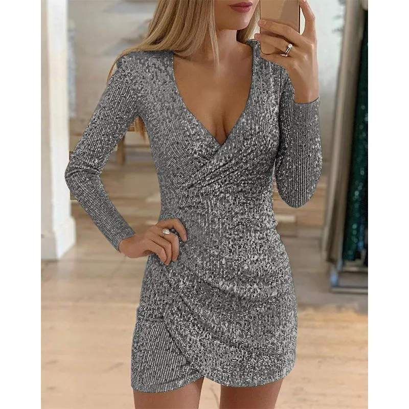 Women party mini sequin v neck fashion wrap dress