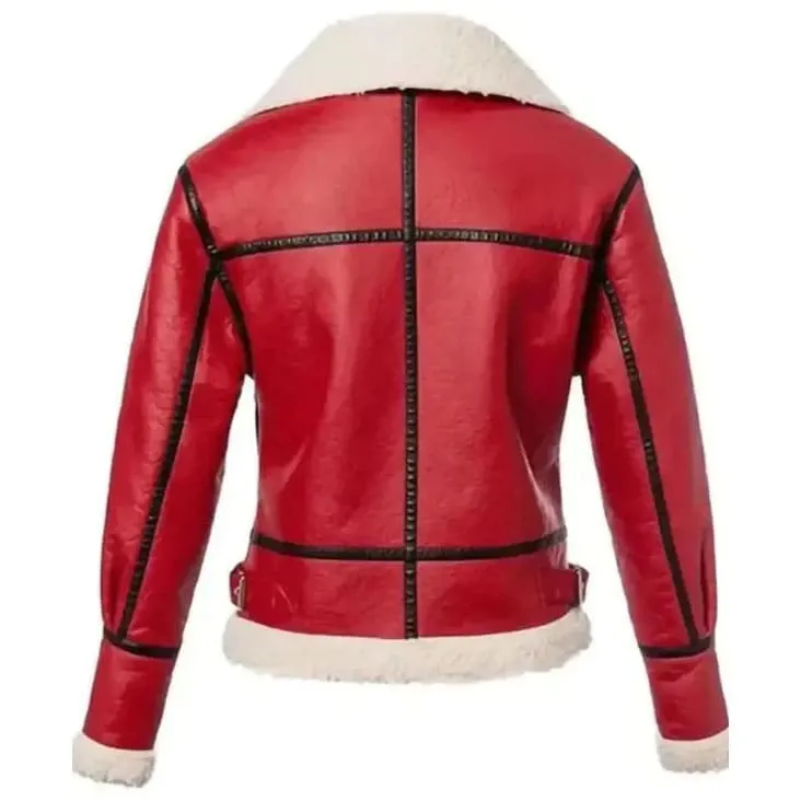 Women's Red Shearling Leather Jacket - Festive Christmas Style