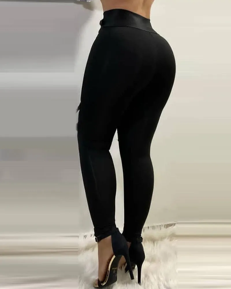 Zipper Front Eyelet Buckled High Waist Pants
